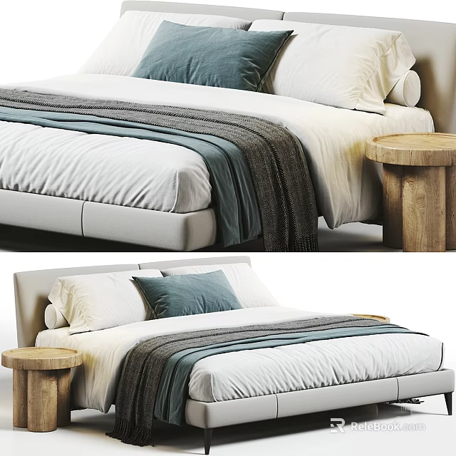 Double Bed With White Bed Sheet Gray And Blue Pillows And Wooden Round Side Table 3d model 
