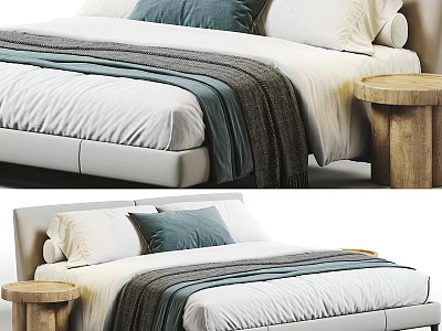 Double Bed With White Bed Sheet Gray And Blue Pillows And Wooden Round Side Table 3d model