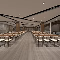 Spacious Modern Restaurant Interior With Wooden Tables Chairs And Stylish Ceiling Design