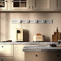 Modern White Kitchen Cabinets With Marble Countertop Appliances Wall Rail And Chopping Boards