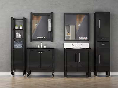 Black Bathroom Vanities With Mirrors Cabinets And Shelves On Wooden Floor 3d model