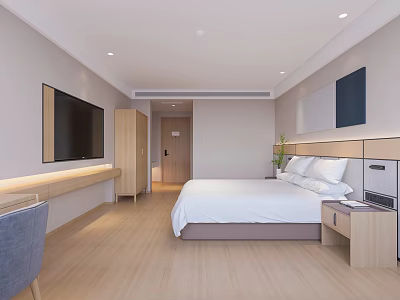 Modern Hotel Guest Room With Large Bed Wall Mounted TV And Wooden Flooring 3d model