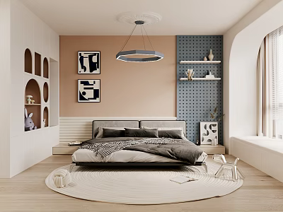 Cozy Kids Room Interior Design With Round Rug Bed Wall Art Shelves And Ceiling Light 3d model