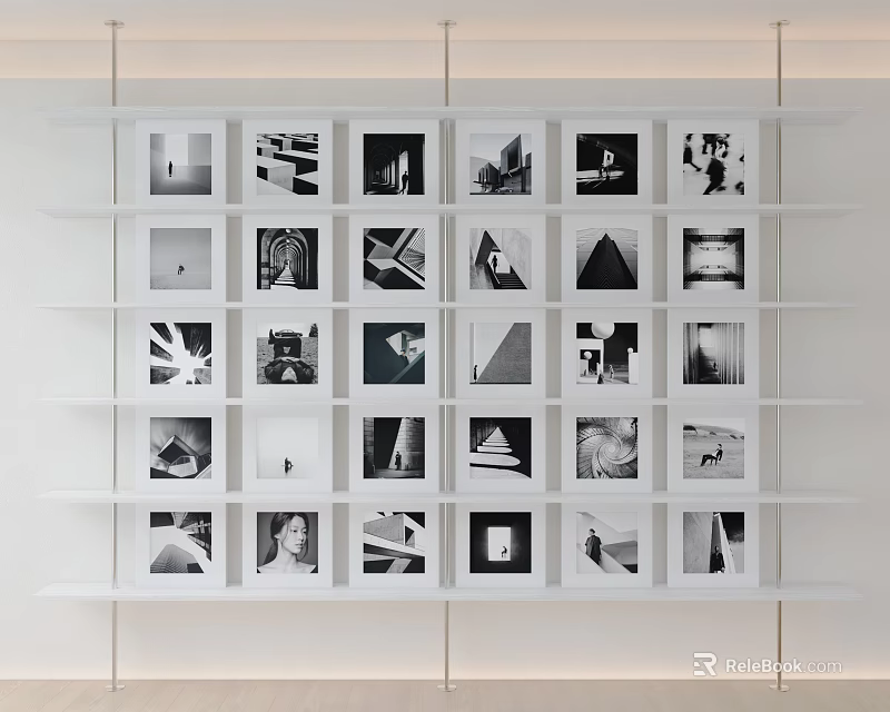 Black and White Photos Arranged on White Display Shelf Gallery Wall 3d model 
