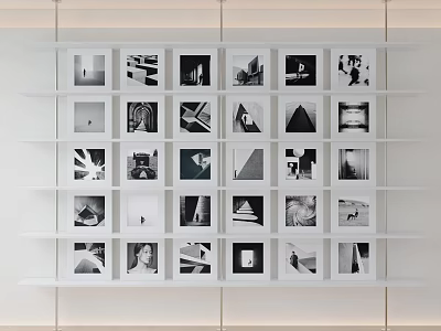 Black and White Photos Arranged on White Display Shelf Gallery Wall 3d model