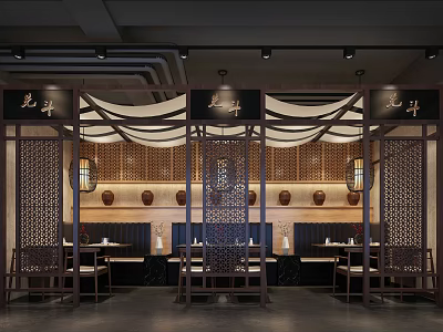 Traditional Chinese Restaurant Interior With Wooden Screens Lanterns And Dining Tables Chairs 3d model