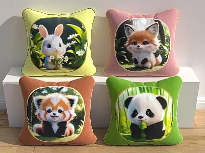 Adorable Animal Themed Decorative Pillows Featuring Rabbit Fox Red Panda And Panda Designs 3d model