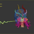 Fantasy Game Character With White Masked Face Brown Horns Feathered Headdress Red Robe And Staff