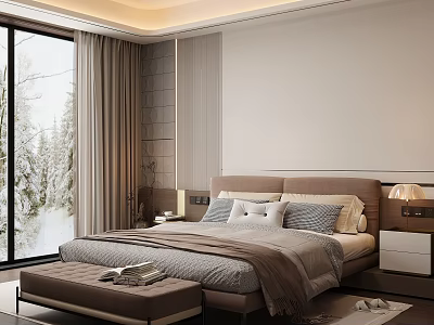Modern Bedroom With Upholstered Headboard Large Windows Snowy Forest View Beige Curtains And Bed Bench 3d model