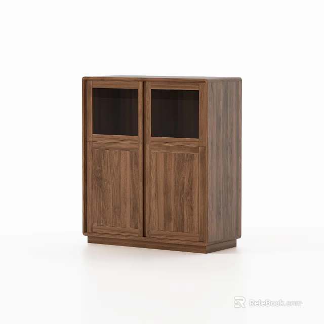 Modern Walnut Wood Sideboard Cabinet With Double Glass And Wooden Doors 3d model 