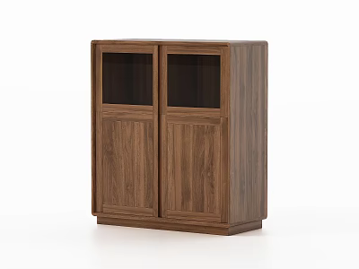 Modern Walnut Wood Sideboard Cabinet With Double Glass And Wooden Doors 3d model