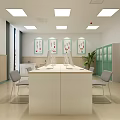 Medical Consultation Room With Light Green Curtains Wooden Paneling Digital Display And Heart Art