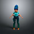 Animated Game Movie Character With Blue Hair Blue Shirt Green Pants And Orange Shoes