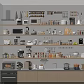 Modern Kitchen With Multiple Shelves Filled With Various Kitchen Appliances Cookware And Jars