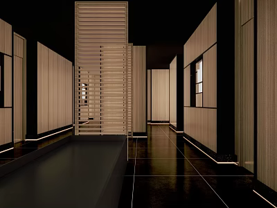 Modern Elevator Hallway Interior Design With Wooden Paneling And Recessed Lighting 3d model