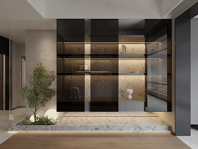 Modern Interior Design Decorative Cabinet With Glass Doors Shelves And Marble Base Plant 3d model