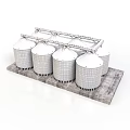 Four White Cylindrical Grain Silos On Gray Platform With Metal Framework