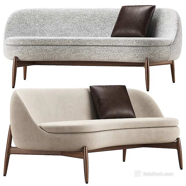 Modern Gray and Beige Sofa With Dark Brown Cushions and Wooden Legs 3d model 