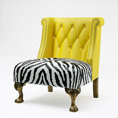Elegant Yellow Accent Chair With Stitched Armrests Tufted Back Zebra Print Seat And Wooden Legs 3d model