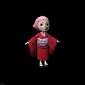 Cartoon Woman In Red Kimono With Pink Hair Purple Polka Dot Belt And Yellow Bow