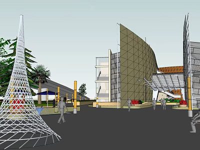 Modern Office Building With Geometric Facade Metal Glass Panels Plaza Pedestrians Greenery 3d model