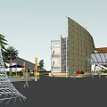 Modern Office Building With Geometric Facade Metal Glass Panels Plaza Pedestrians Greenery