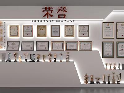 Trophies And Medals Honorary Display With Certificates On Display Wall And Shelves 3d model