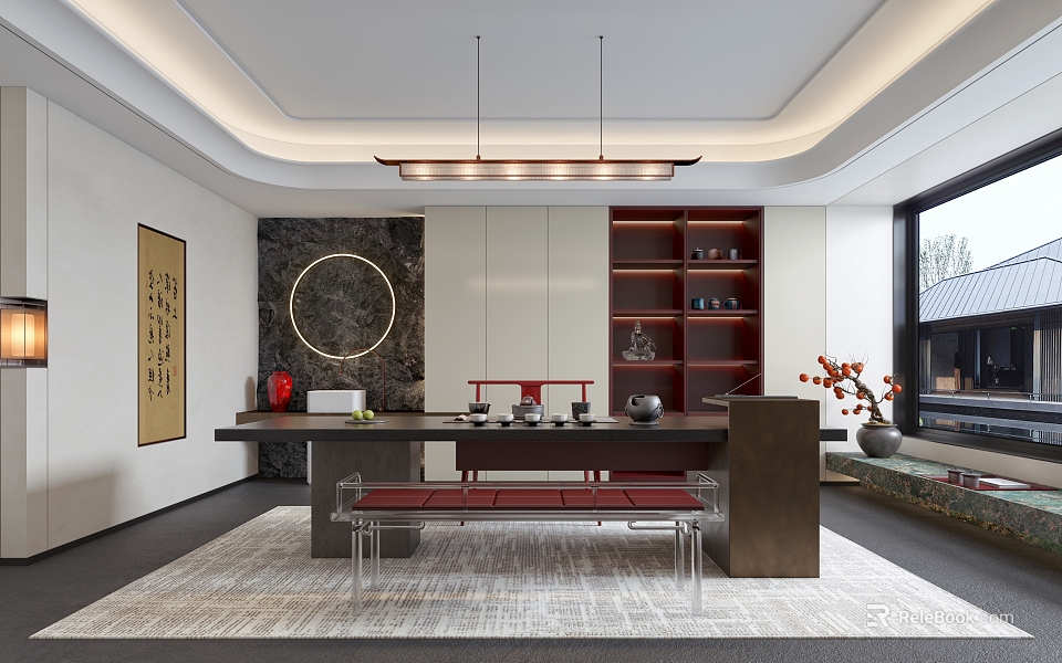 Chinese Tea Room Interior Design With Tea Table Sets Circular Mirror And Wooden Bench 3d model 