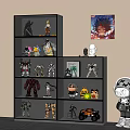 Modern Display Cabinet with Anime Action Figures and Robot Models on Shelves and Wall Painting