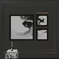 Abstract Black and White Paintings Set Hanging on Dark Green Wall Decor