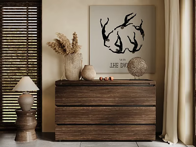 Wooden Entryway Console Table with Dried Pampas Grass Vase Table Lamp and Wall Art Decor 3d model