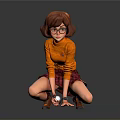 Kneeling Girl Sculpture Wearing Glasses Orange Top And Short Skirt On Reflective Ground