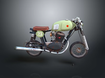 Vintage Motorcycle With Green Fuel Tank Brown Seat Number 23 And Mechanical Parts 3d model