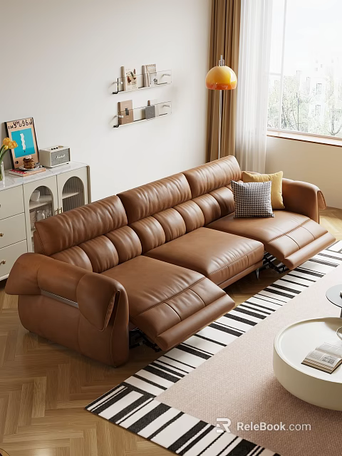 Modern Brown Leather Three Seater Sofa With Yellow And Checkered Cushions In Living Room 3d model 