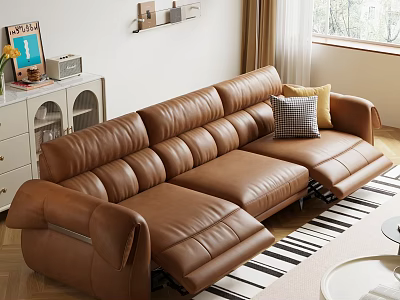 Modern Brown Leather Three Seater Sofa With Yellow And Checkered Cushions In Living Room 3d model
