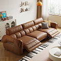 Modern Brown Leather Three Seater Sofa With Yellow And Checkered Cushions In Living Room