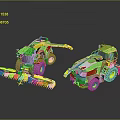 Green And Yellow Agricultural Machinery With Cutting Attachments And Operator Cabs