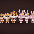Cute Cartoon Tigers And Rabbits Characters Wearing Star Decorated Hats And Costumes