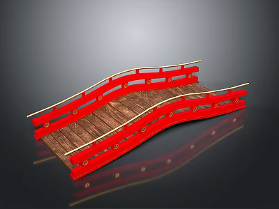Japanese Style Red Wooden Bridge With Curved Design And Golden Railings 3d model