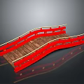 Japanese Style Red Wooden Bridge With Curved Design And Golden Railings