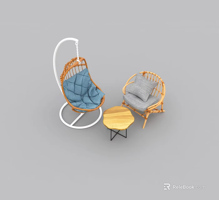Modern Outdoor Table With Rattan Chairs And Hanging Swing For Patio Garden 3d model 