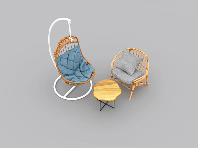 Modern Outdoor Table With Rattan Chairs And Hanging Swing For Patio Garden 3d model