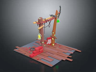 Artistic Wooden Equipment Setup With Hanging Green Lanterns Red Parts And Platform Base 3d model