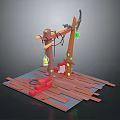 Artistic Wooden Equipment Setup With Hanging Green Lanterns Red Parts And Platform Base