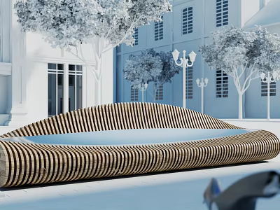 Outdoor Chair with Modern Striped Structure in Plaza near Trees Street Lamps and White Building 3d model