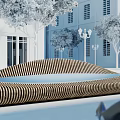 Outdoor Chair with Modern Striped Structure in Plaza near Trees Street Lamps and White Building