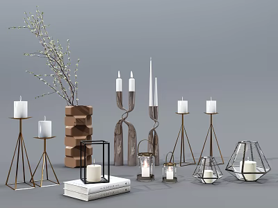 Elegant Candle Holders With Geometric Designs Metal Stands And White Candles 3d model