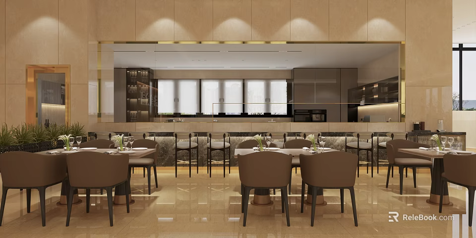 Elegant Modern Restaurant Interior With Dining Tables Chairs Bar Counter Soft Lighting And Windows 3d model 