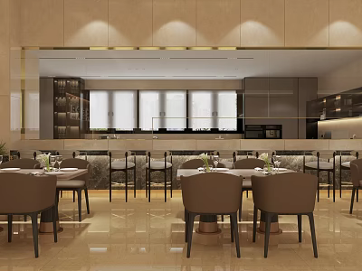 Elegant Modern Restaurant Interior With Dining Tables Chairs Bar Counter Soft Lighting And Windows 3d model