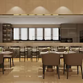 Elegant Modern Restaurant Interior With Dining Tables Chairs Bar Counter Soft Lighting And Windows